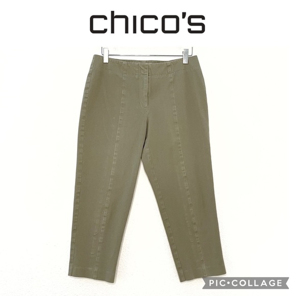 Chico’s flat front stretch olive green crop pants size 4 Chico’s size 0 - Picture 1 of 10
